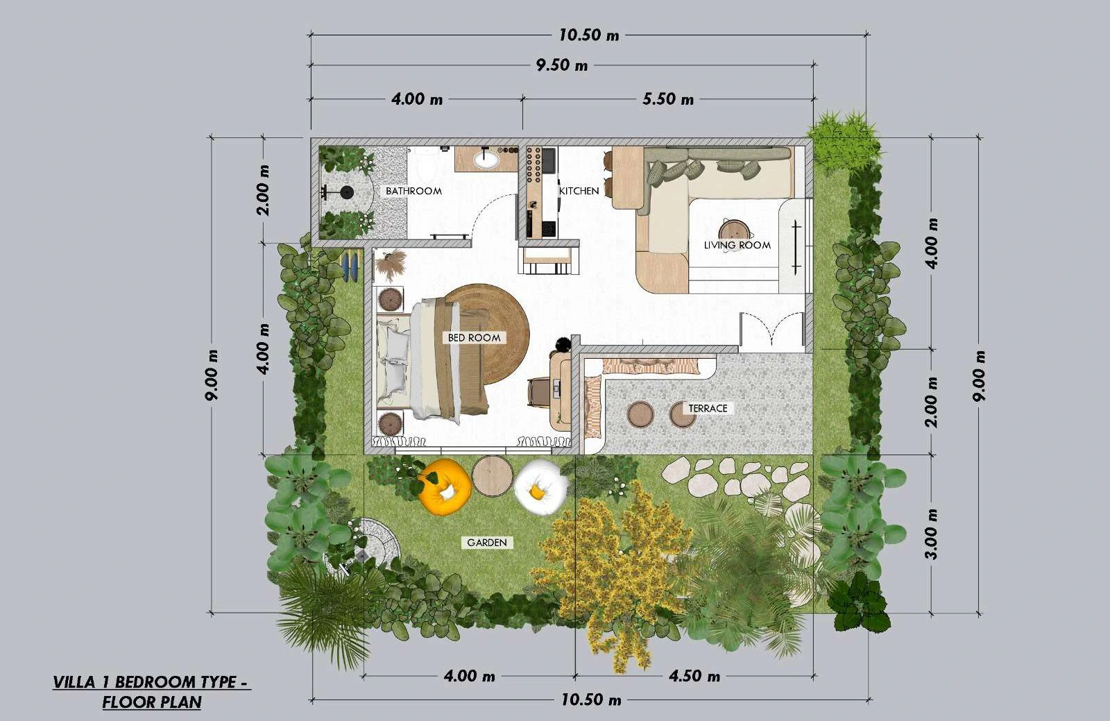 Plano de villa de un dormitorio en Bumbang