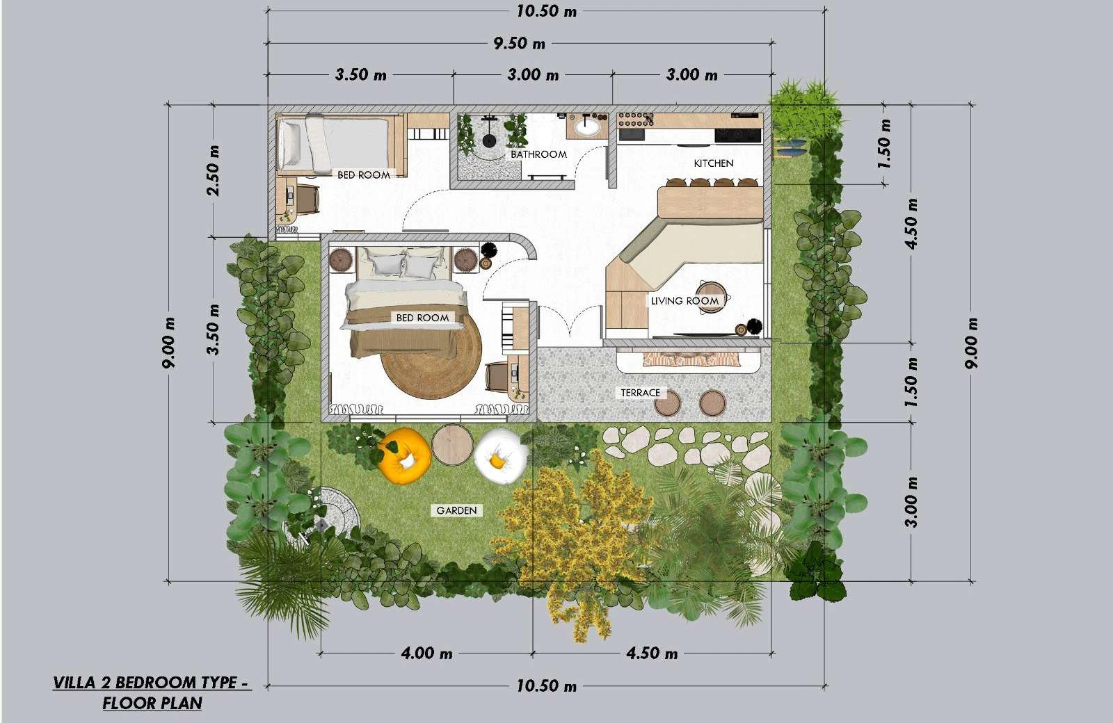Plano de villa de dos dormitorios en Bumbang