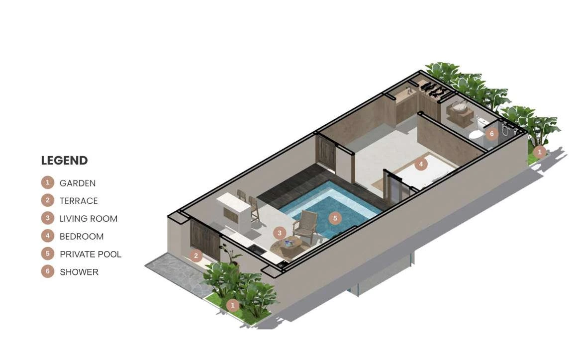 Isometría de villa Salina de un dormitorio