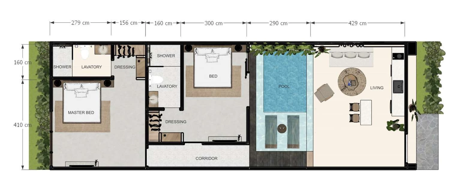 Plano de villa Salina de dos dormitorios