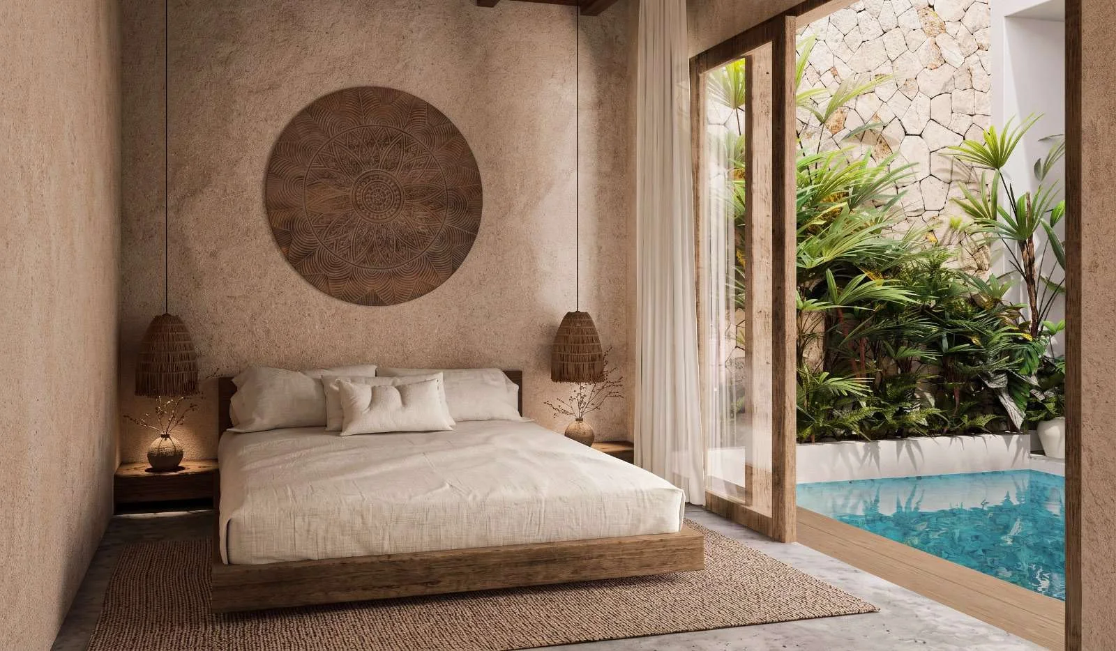 Dormitorio y piscina privada de Salina Villas